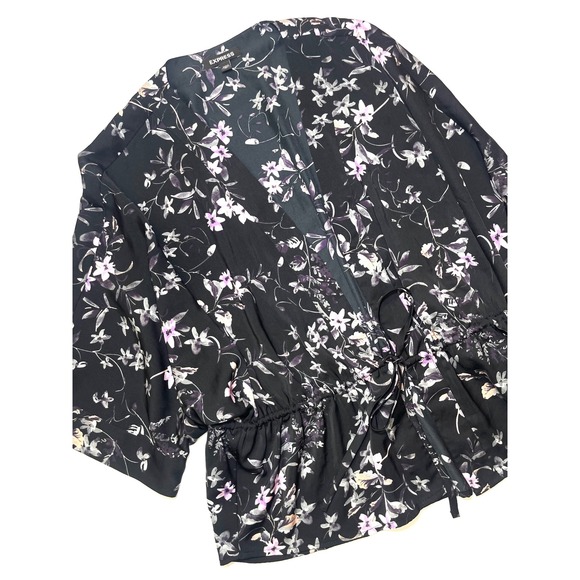 Express Tops - Express Floral Peplum Blouse Black Purple Open Front Tie Waist Top Small 0209